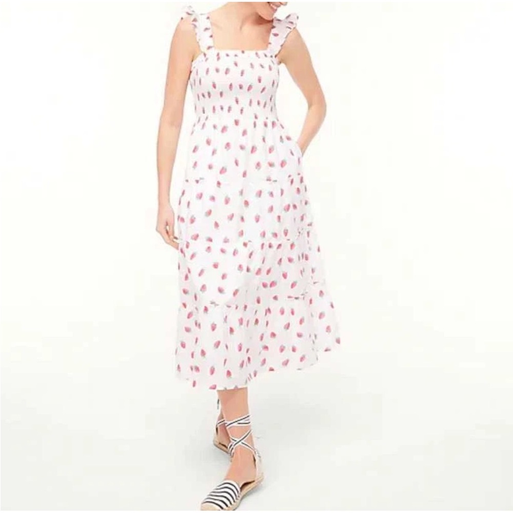 J. Crew Factory White Smocked Maxi Dress with Strawberry Print 🍓Size 2X - Picture 2 of 10